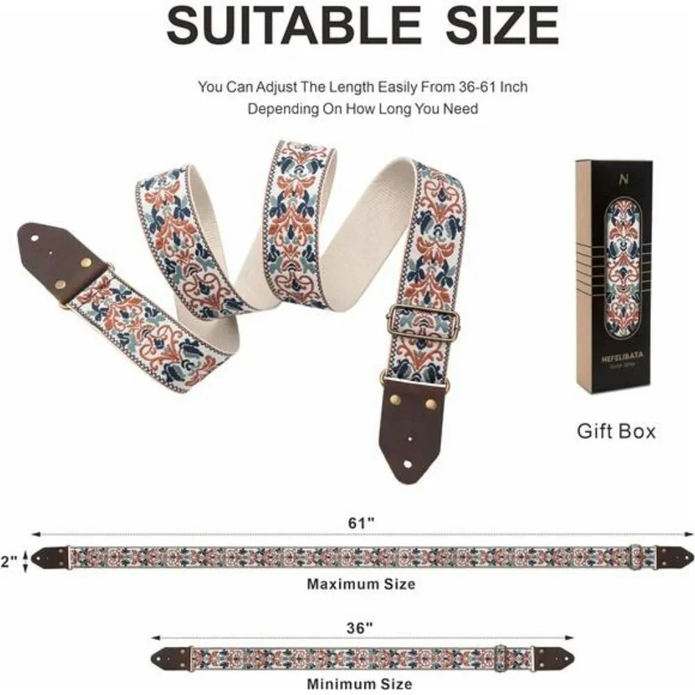 Jacquard embroidery guitar strap with leather ends adjustable for acoustic elect - Picture 6 of 7